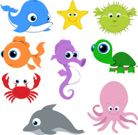Various vector illustrations of sea creatures looking happy. Each illustration uses global color swatches for easily switching the color of any animal. Also shading and highlighting placed on different layers for if you want to turn it off.のイラスト素材