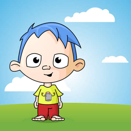 A cute little boy standing in a field barefoot.のイラスト素材