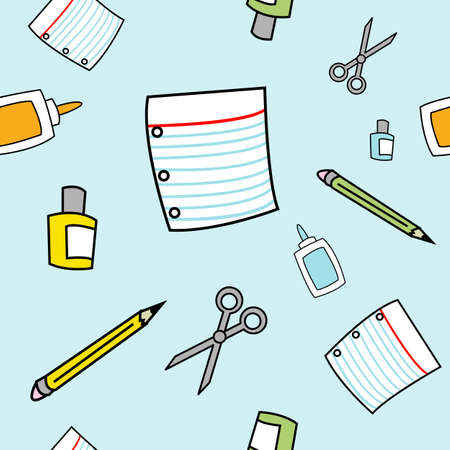 A seamless pattern of various school supplies drawn in a childlike style.のイラスト素材