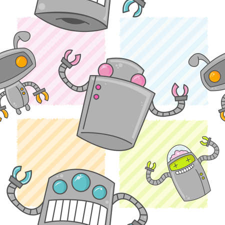 A seamless pattern of cute cartoon robots with colorful backgrounds.のイラスト素材