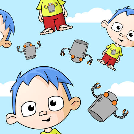 A seamless pattern of a cute boy and some robots flying through the air with clouds in the sky.のイラスト素材