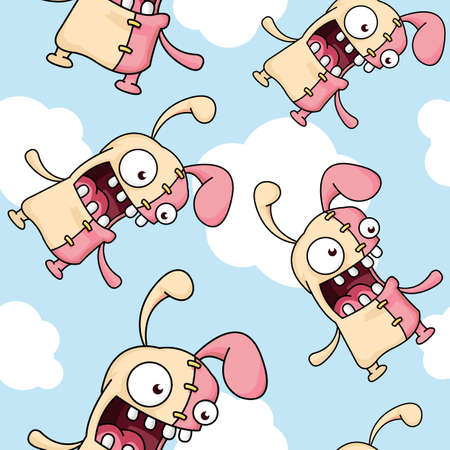 A seamless pattern of a crazy Easter bunny flying through the clouds in the sky.のイラスト素材