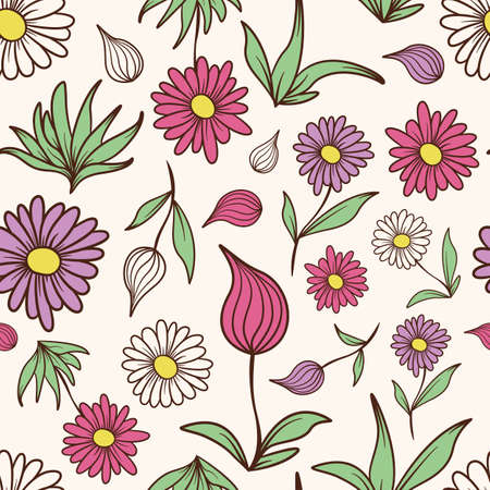 A seamless tiling pattern of colored flowers and leaves.のイラスト素材
