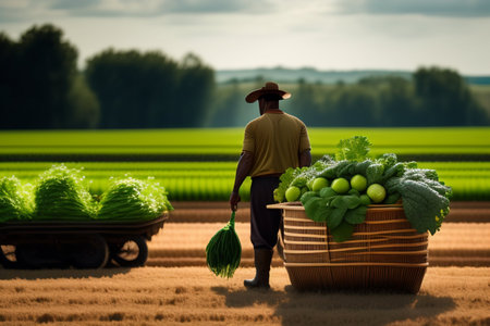 Farmer carrying a basket full of fresh vegetables on the field., generative, ai, generative aiの素材