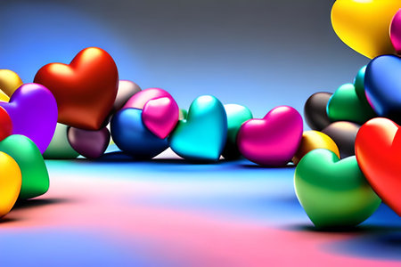 Colorful hearts on a blue background. 3d rendering. Computer digital drawing, generative, ai, generative ai.の素材