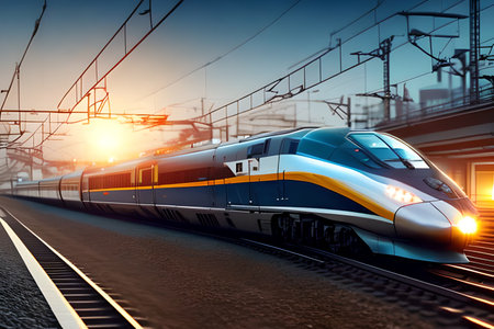 High-speed train on the platform at sunset. 3d rendering, generative, ai, generative aiの素材