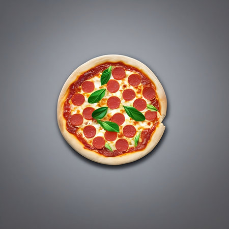 Pizza with pepperoni, mozzarella and basil on a gray background, generative, ai, generative aiの素材