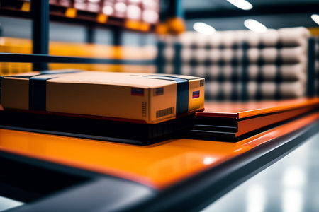 Boxes on conveyor belt in warehouse. 3d rendering., generative AIの素材