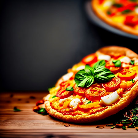 Italian pizza with tomatoes, mozzarella and basil on wooden table, generative AIの素材