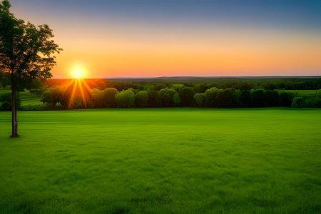 Beautiful sunset over the meadow with trees and grass. Landscape.の素材