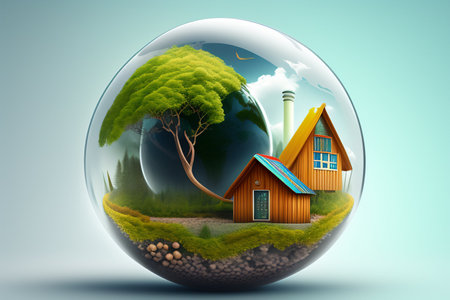 House in a glass sphere on a blue background. 3d renderingの素材