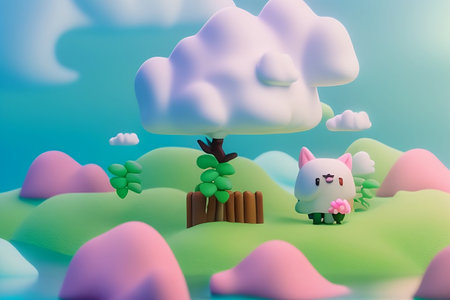 3d render of cute cartoon animal in the green hills with cloudの素材