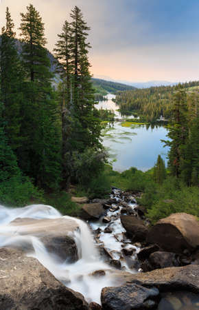 Twin lakes waterfall at sunrise near Mammoth Lakes, Californiaの写真素材