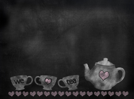 chalkboard sign in illustrative chalkboard style with teacups and teapot and the words We love tea.の写真素材