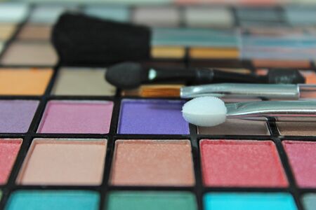 eyeshadow palette with make up brushes. Focus on applicatorの写真素材