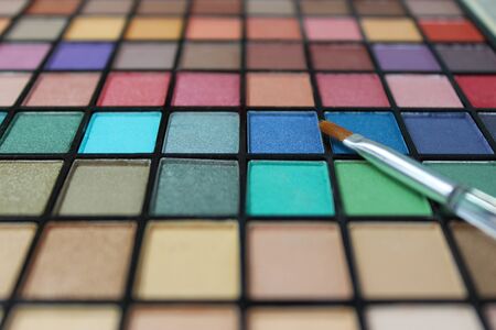 large eyeshadow palette. Focus on makeup brush.の写真素材