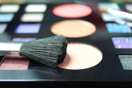 Make up palette and brush. Focus on blusher brushの写真素材