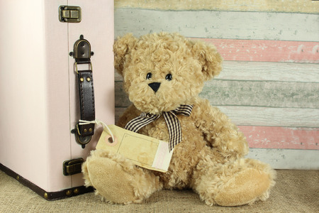 teddy bear with vintage suitcase and blank tag for your own textの写真素材