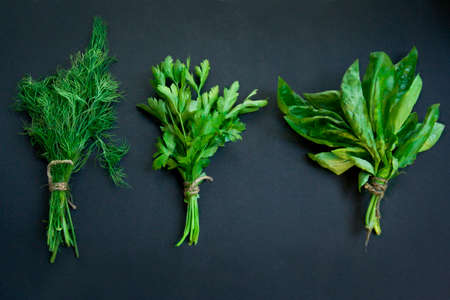 Herbs and spices on a black backgroundの写真素材