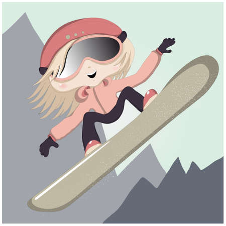 Vector illustration of a cute cartoon girl jumping on a snowboard.のイラスト素材