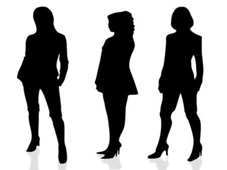 Three silhouettes of girls isolated on a white backgroundの写真素材