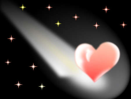 Translucent heart on a background of the star sky in a ray of lightの写真素材