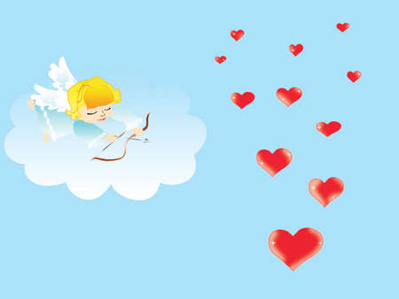 The small angel shoots at hearts flying on the sky.の写真素材