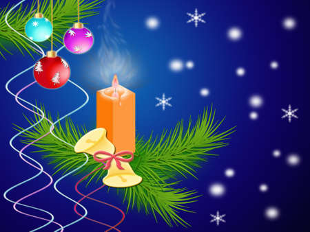 Dark blue background with a christmas ornament and snowflakesの写真素材