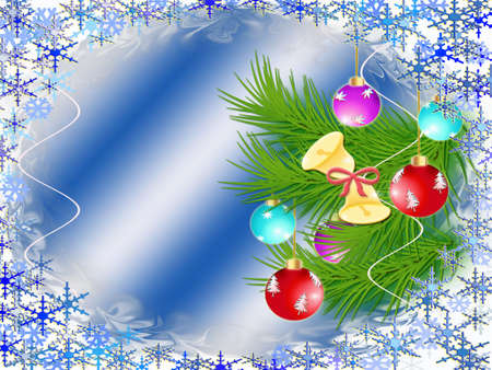 Dark blue background with a Christmas ornament and snowflakesの写真素材