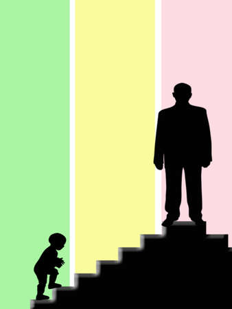 Child does step on stairway to top, man on topの写真素材