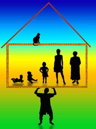 Man keeps on their own shoulder house and preserve&#1090; familyの写真素材