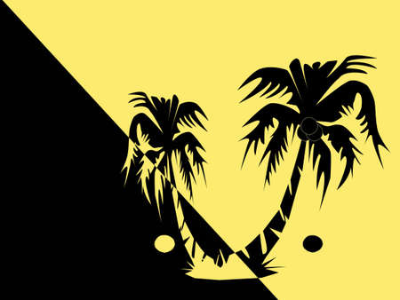Black and yellow silhouette of a palm tree with a cocoの写真素材