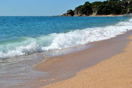 The sea wave with foam is rolled on a sandy beach.