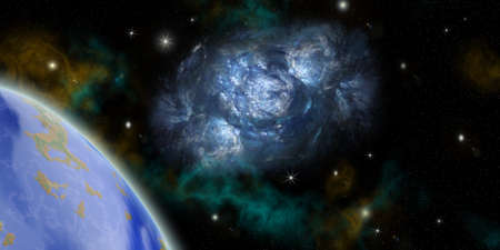 the planet land and nebula in outer spaces. の写真素材