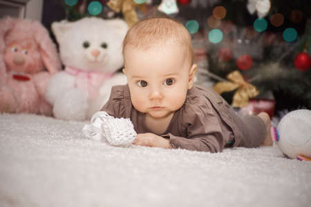 portrait little baby is lying on the tummy under the Christmas tree against the background of soft toysの写真素材