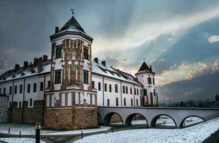 beautiful view of Mir Castle in the rays of the setting sunのeditorial素材
