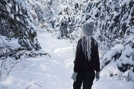a woman walks through a snowy forestの写真素材