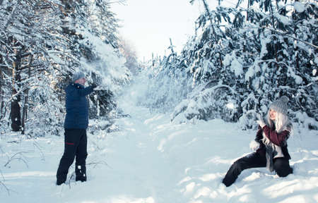 people play snowballs in winter forestの写真素材