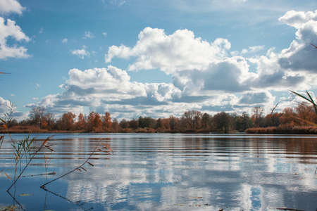 autumn landscape near the river. the sky with clouds is reflected in the water.