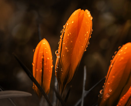 spring beautiful flowers crocuses in raindropsの写真素材