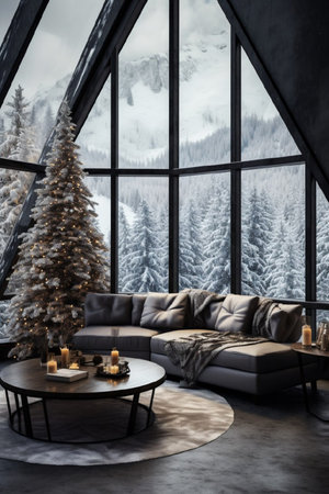 cozy modern interior in gray tones in a room with panoramic floor-to-ceiling windows, for relaxing in the forest and mountainsの素材