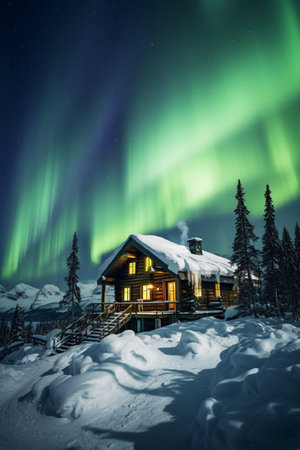 large cozy wooden house in the snow in the forest on a polar night against the backdrop of the northern lightsの素材