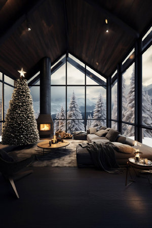 cozy modern interior in dark colors for relaxing in the forest and mountainsの素材