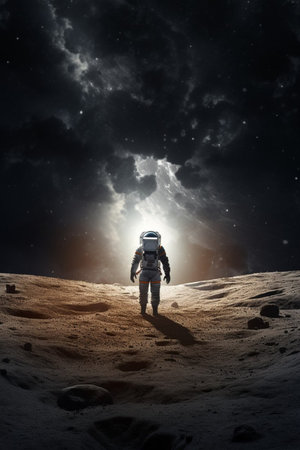 conquest of space. an astronaut in a spacesuit walks along the sandy surface of an alien planet. another planet glows aheadの素材