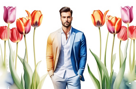 young handsome stylish man with tulips as a watercolor greeting card for the holidayの素材