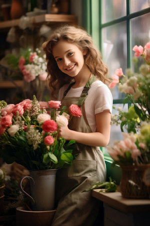 cute teenage girl smiling while caring for flowers in a flower shopの素材