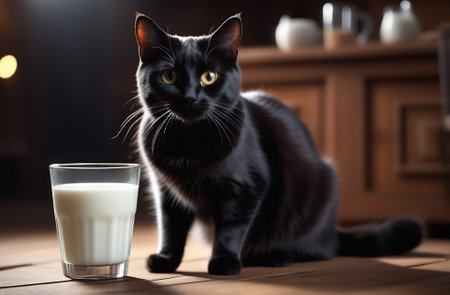 a beautiful black cat sits on a table in the kitchen in front of him a glass of milkの素材