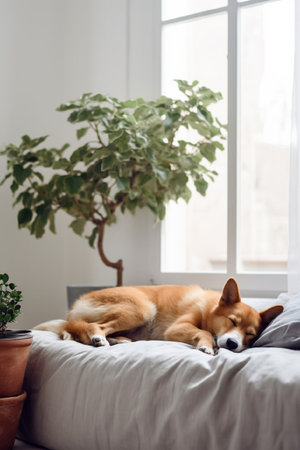 red dog sleeps sweetly on a bed in a room on a sunny dayの素材
