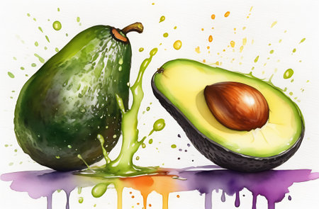 juicy avocado halves with splashes painted in watercolor on a white backgroundの素材