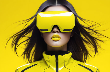 portrait of a fashionable stylish girl in a bright yellow jacket and virtual reality glasses on a yellow background, future lifestyle conceptの素材